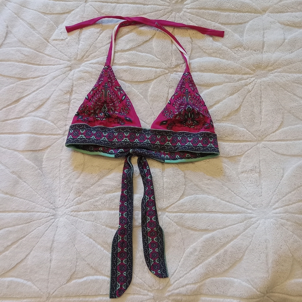 VICTORIA SECRET BIKINI TOP SZ L VIBRANT FLORAL PRINT NECK AND BACK TIES